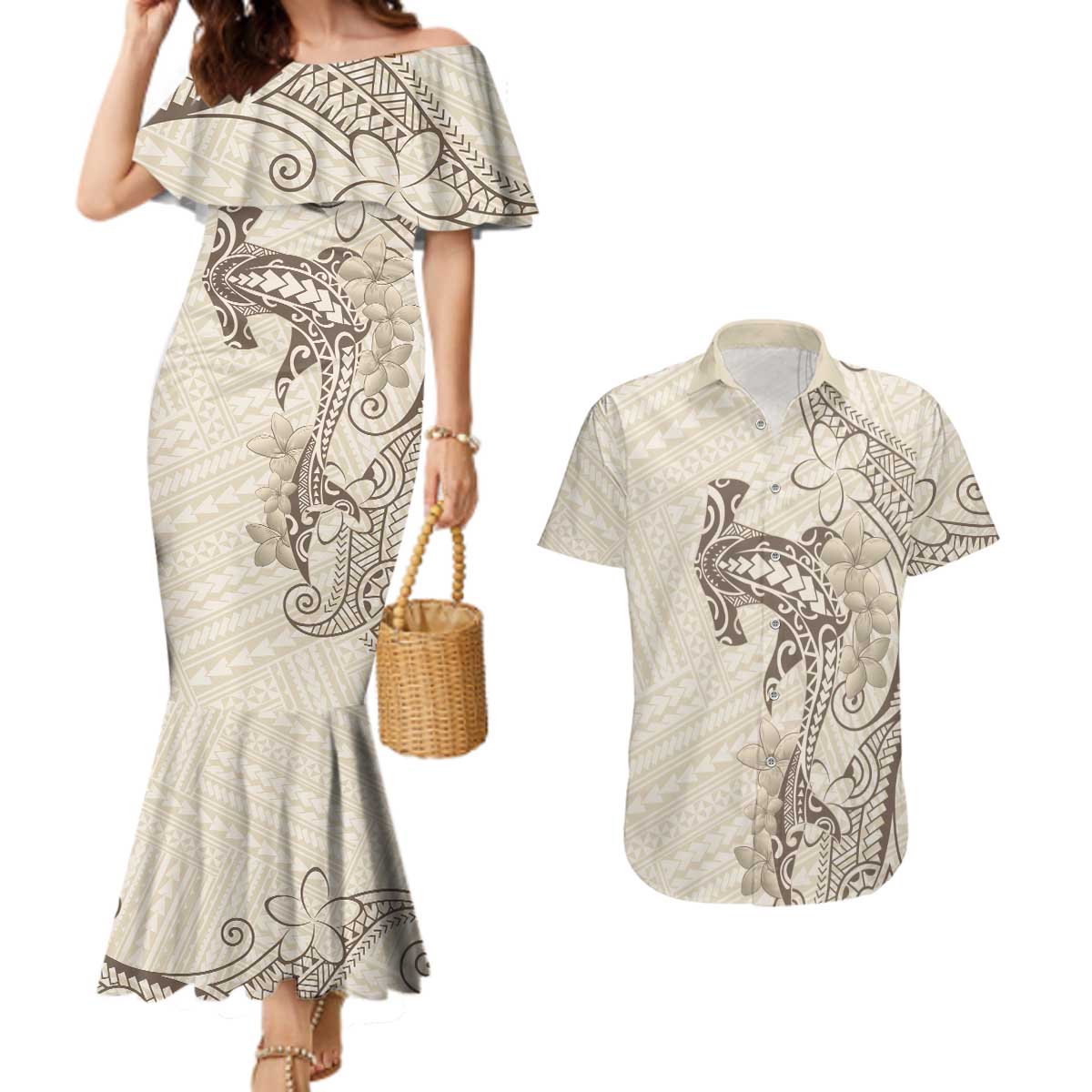 Beige Hawaii Couples Matching Mermaid Dress and Hawaiian Shirt Hammerhead Shark Tattoo Curve Polynesian - Polynesian Pride