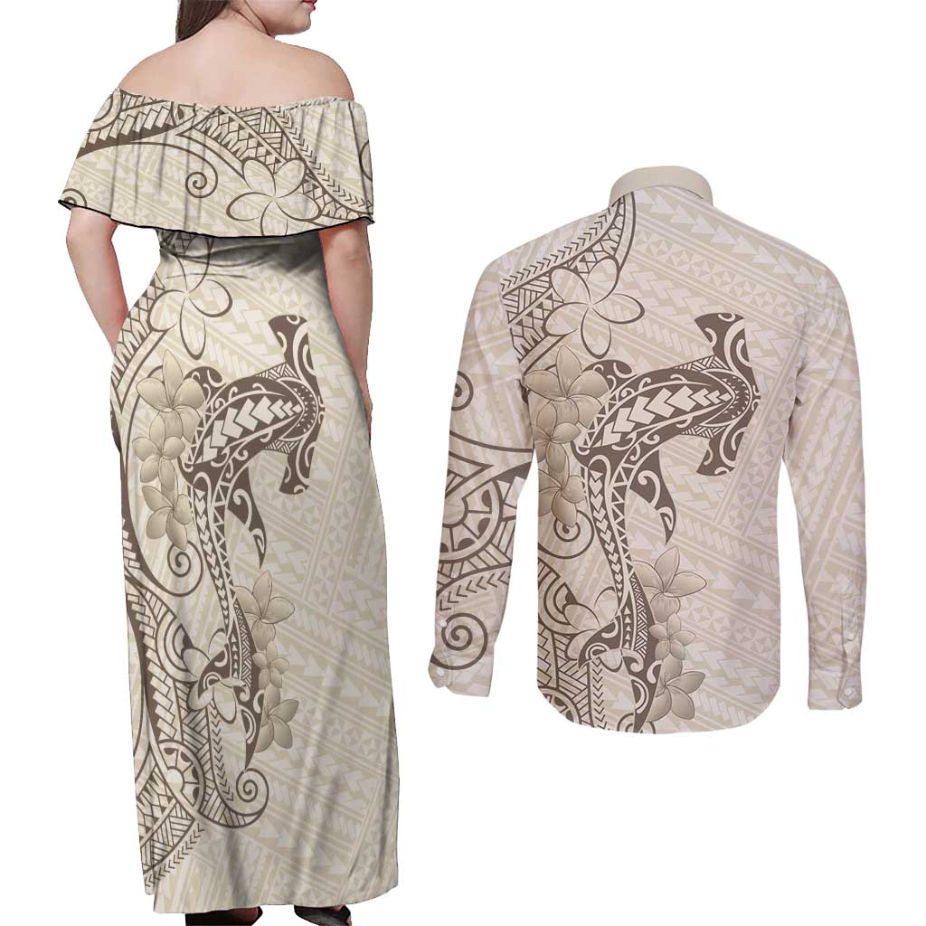 Beige Hawaii Couples Matching Off Shoulder Maxi Dress and Long Sleeve Button Shirt Hammerhead Shark Tattoo Curve Polynesian - Polynesian Pride