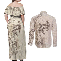 Beige Hawaii Couples Matching Off Shoulder Maxi Dress and Long Sleeve Button Shirt Hammerhead Shark Tattoo Curve Polynesian - Polynesian Pride
