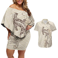 Beige Hawaii Couples Matching Off Shoulder Short Dress and Hawaiian Shirt Hammerhead Shark Tattoo Curve Polynesian - Polynesian Pride