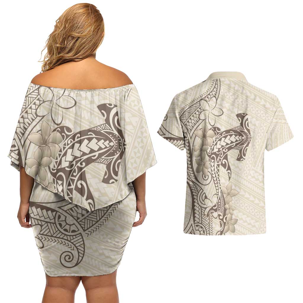 Beige Hawaii Couples Matching Off Shoulder Short Dress and Hawaiian Shirt Hammerhead Shark Tattoo Curve Polynesian - Polynesian Pride