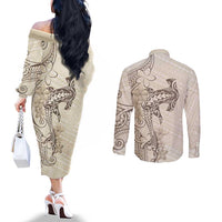 Beige Hawaii Couples Matching Off The Shoulder Long Sleeve Dress and Long Sleeve Button Shirt Hammerhead Shark Tattoo Curve Polynesian - Polynesian Pride