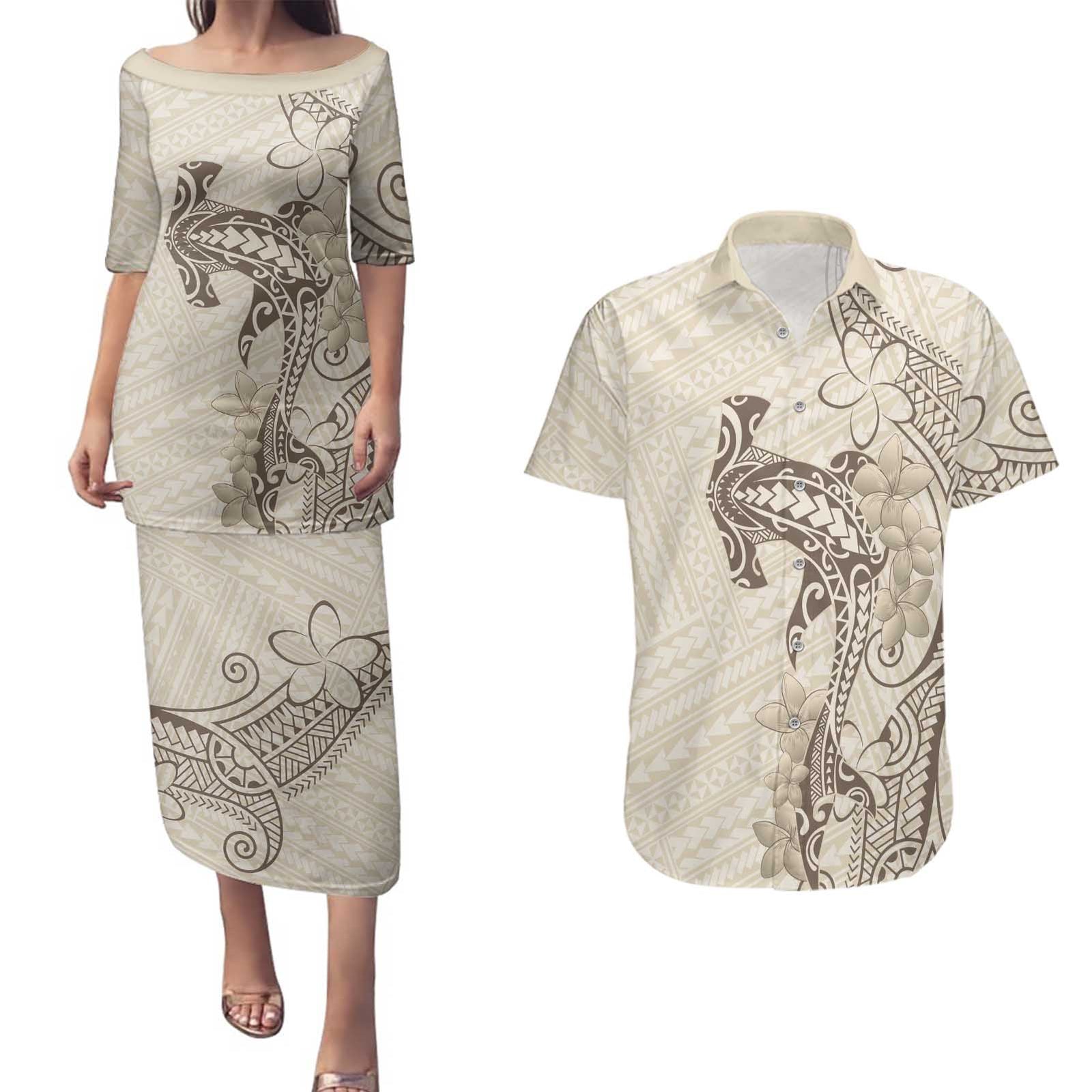 Beige Hawaii Couples Matching Puletasi and Hawaiian Shirt Hammerhead Shark Tattoo Curve Polynesian - Polynesian Pride