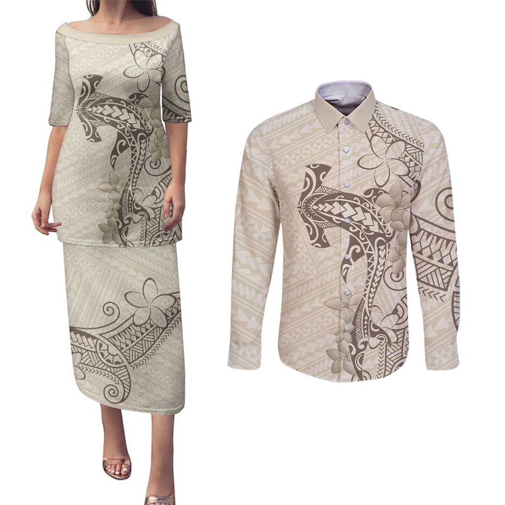 Beige Hawaii Couples Matching Puletasi and Long Sleeve Button Shirt Hammerhead Shark Tattoo Curve Polynesian - Polynesian Pride