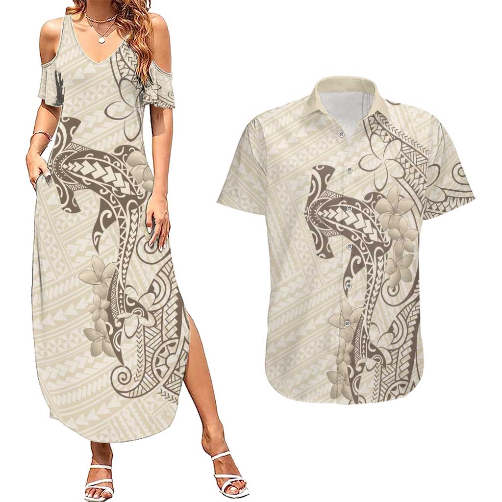 Beige Hawaii Couples Matching Summer Maxi Dress and Hawaiian Shirt Hammerhead Shark Tattoo Curve Polynesian - Polynesian Pride