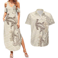 Beige Hawaii Couples Matching Summer Maxi Dress and Hawaiian Shirt Hammerhead Shark Tattoo Curve Polynesian - Polynesian Pride