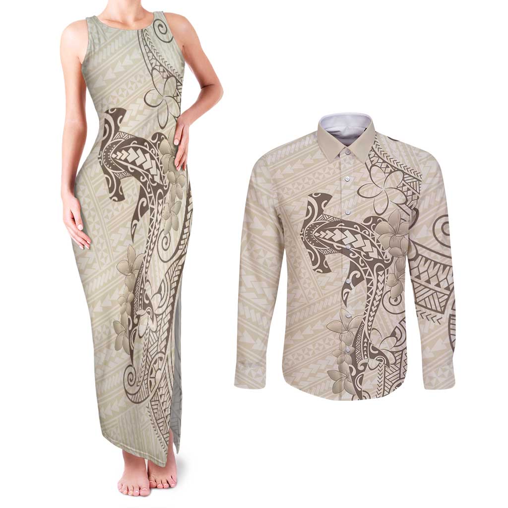 Beige Hawaii Couples Matching Tank Maxi Dress and Long Sleeve Button Shirt Hammerhead Shark Tattoo Curve Polynesian - Polynesian Pride