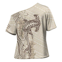 Beige Hawaii Cross Shoulder Shirt Hammerhead Shark Tattoo Curve Polynesian - Polynesian Pride
