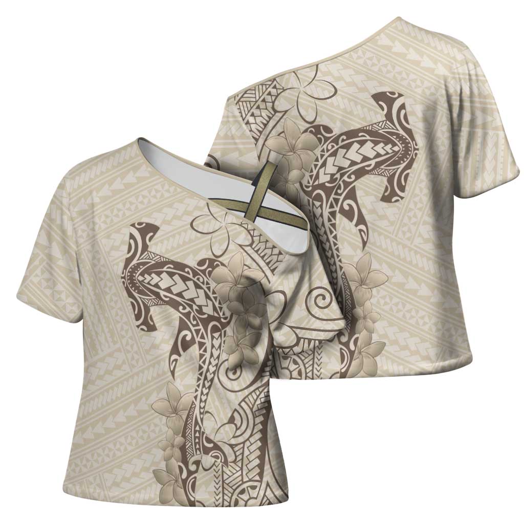 Beige Hawaii Cross Shoulder Shirt Hammerhead Shark Tattoo Curve Polynesian - Polynesian Pride