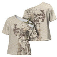 Beige Hawaii Cross Shoulder Shirt Hammerhead Shark Tattoo Curve Polynesian - Polynesian Pride
