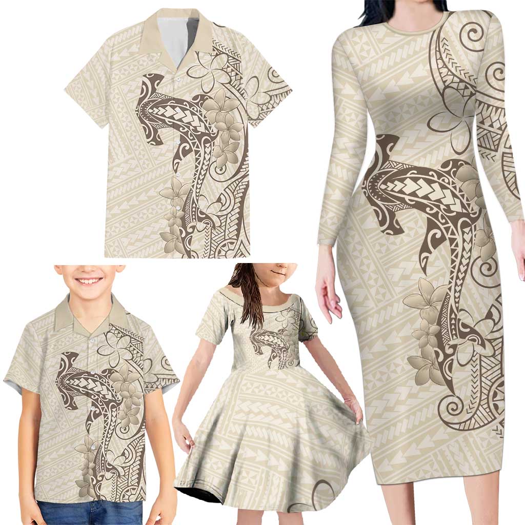 Beige Hawaii Family Matching Long Sleeve Bodycon Dress and Hawaiian Shirt Hammerhead Shark Tattoo Curve Polynesian - Polynesian Pride