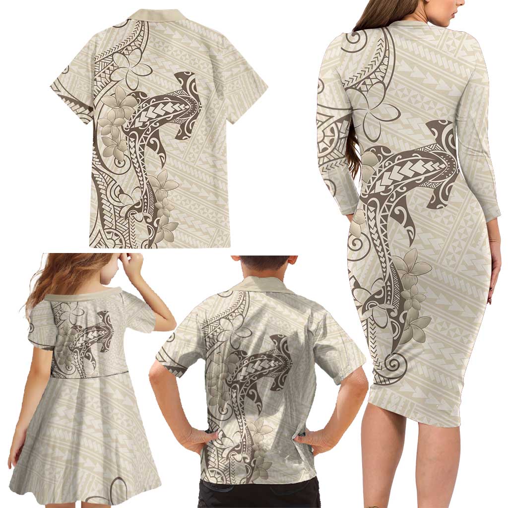 Beige Hawaii Family Matching Long Sleeve Bodycon Dress and Hawaiian Shirt Hammerhead Shark Tattoo Curve Polynesian - Polynesian Pride