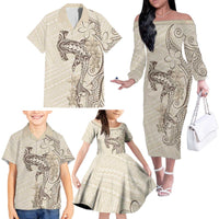 Beige Hawaii Family Matching Off The Shoulder Long Sleeve Dress and Hawaiian Shirt Hammerhead Shark Tattoo Curve Polynesian - Polynesian Pride