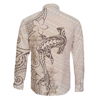 Beige Hawaii Family Matching Off The Shoulder Long Sleeve Dress and Hawaiian Shirt Hammerhead Shark Tattoo Curve Polynesian - Polynesian Pride