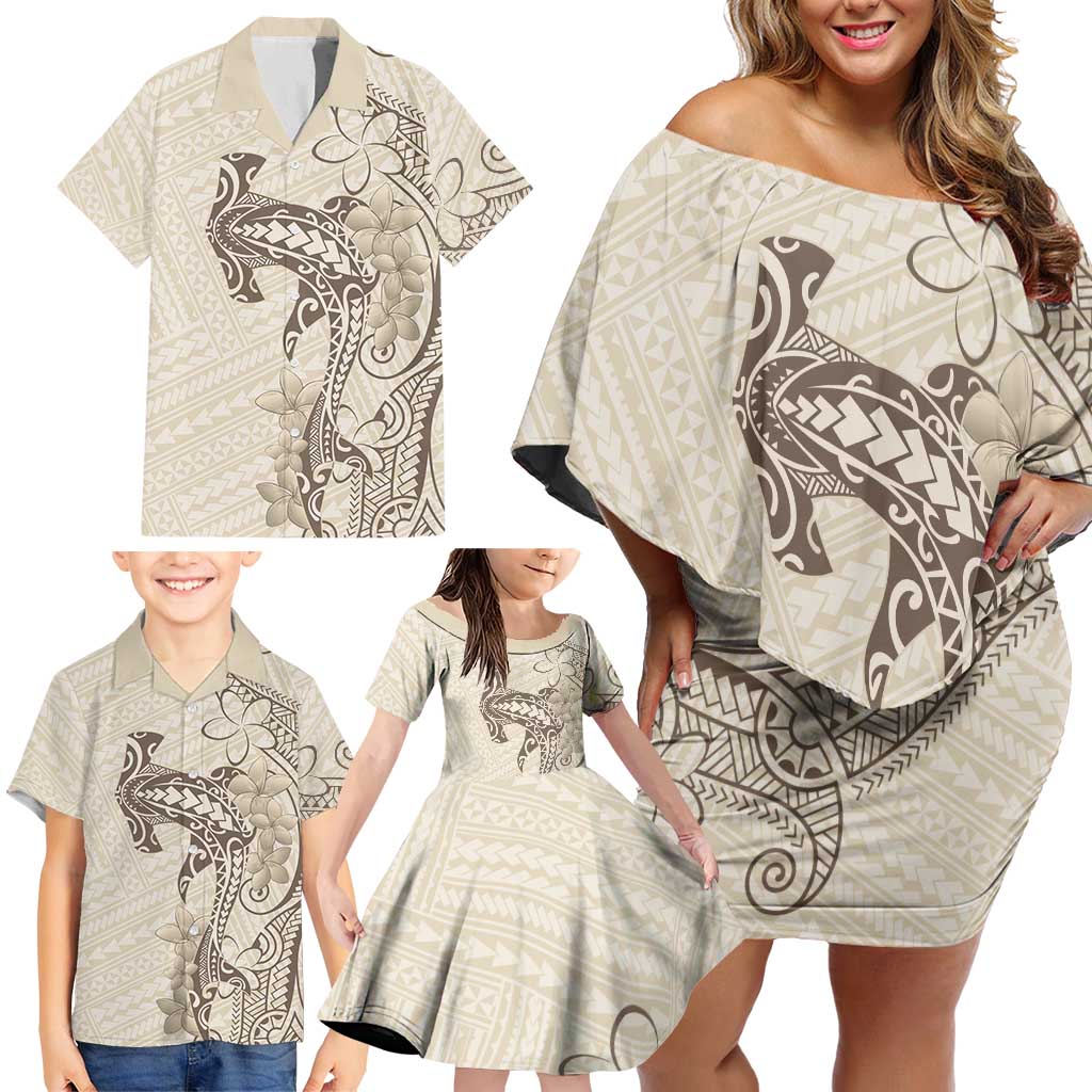 Beige Hawaii Family Matching Off Shoulder Short Dress and Hawaiian Shirt Hammerhead Shark Tattoo Curve Polynesian - Polynesian Pride
