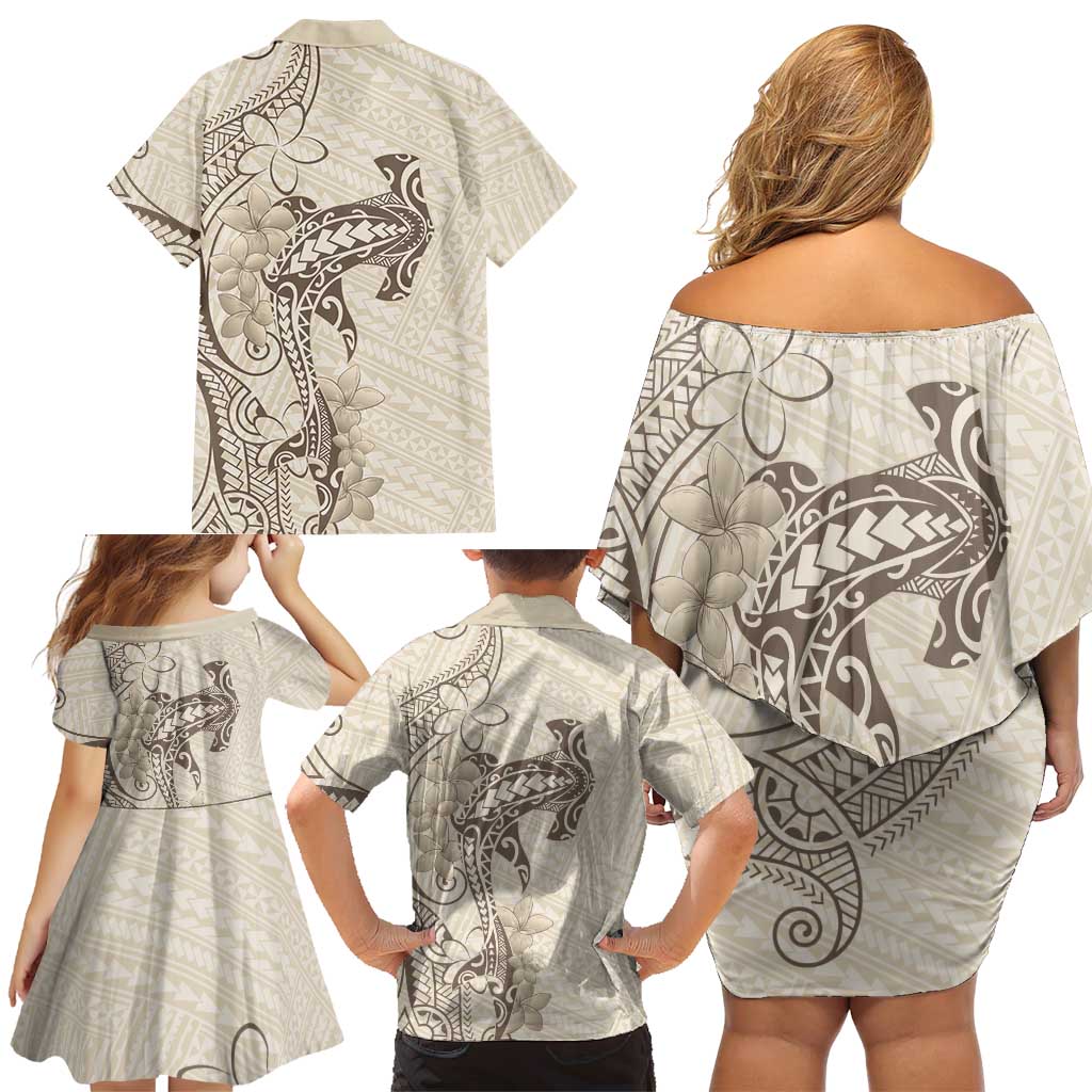 Beige Hawaii Family Matching Off Shoulder Short Dress and Hawaiian Shirt Hammerhead Shark Tattoo Curve Polynesian - Polynesian Pride