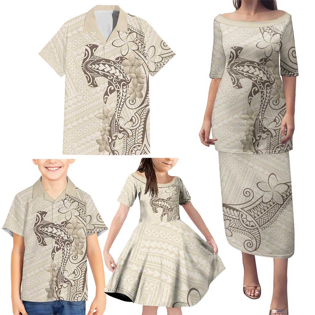 Beige Hawaii Family Matching Puletasi and Hawaiian Shirt Hammerhead Shark Tattoo Curve Polynesian - Polynesian Pride