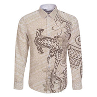 Beige Hawaii Family Matching Short Sleeve Bodycon Dress and Hawaiian Shirt Hammerhead Shark Tattoo Curve Polynesian - Polynesian Pride