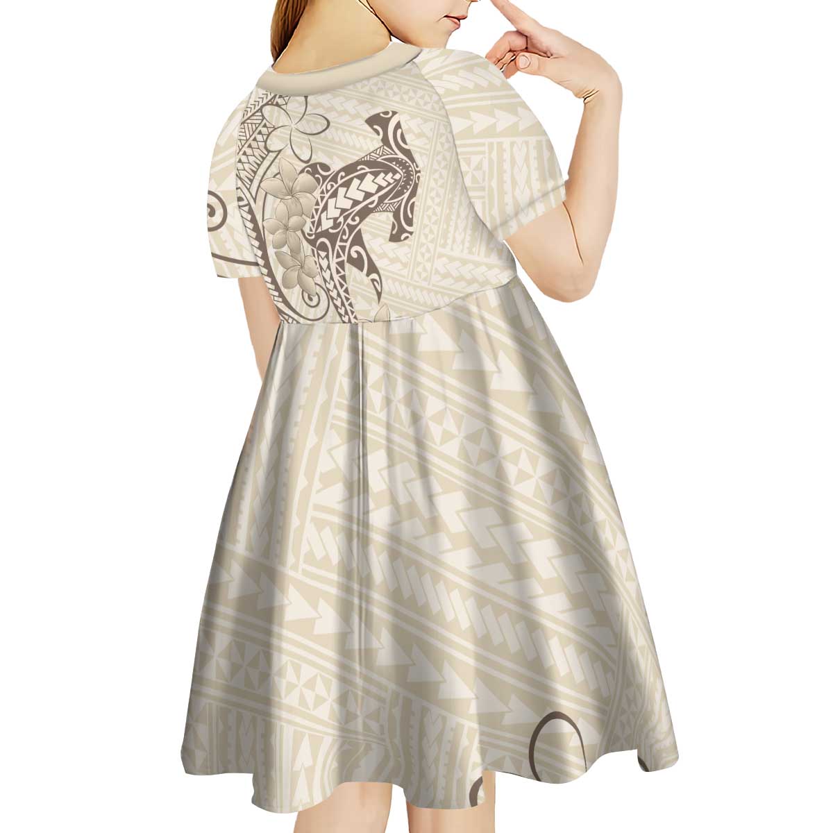 Beige Hawaii Kid Short Sleeve Dress Hammerhead Shark Tattoo Curve Polynesian - Polynesian Pride