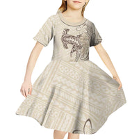 Beige Hawaii Kid Short Sleeve Dress Hammerhead Shark Tattoo Curve Polynesian - Polynesian Pride