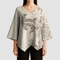 Beige Hawaii Kimono Sleeve Blouse Hammerhead Shark Tattoo Curve Polynesian - Polynesian Pride