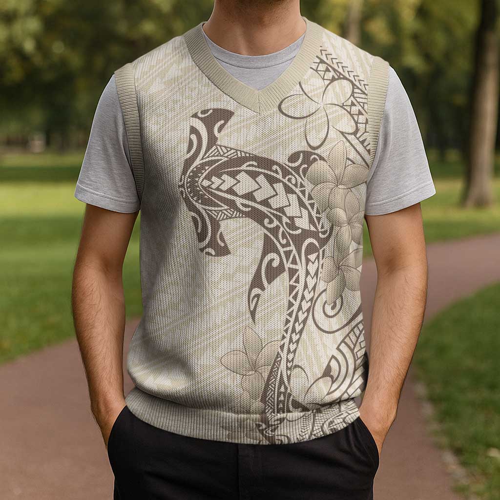 Beige Hawaii Christmas Knitted V-Neck Vest Hammerhead Shark Tattoo Curve Polynesian - Polynesian Pride