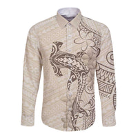 Beige Hawaii Long Sleeve Button Shirt Hammerhead Shark Tattoo Curve Polynesian - Polynesian Pride