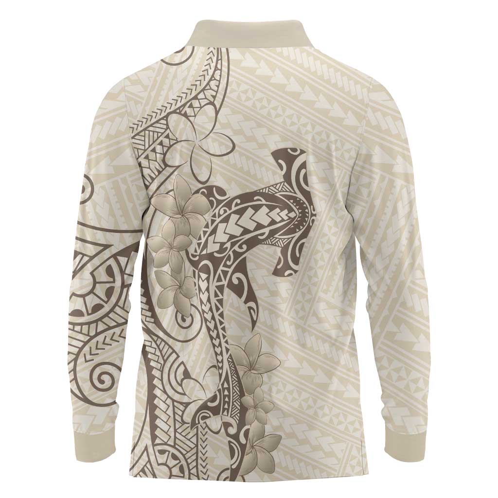 Beige Hawaii Long Sleeve Polo Shirt Hammerhead Shark Tattoo Curve Polynesian - Polynesian Pride