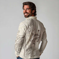 Beige Hawaii Long Sleeve Polo Shirt Hammerhead Shark Tattoo Curve Polynesian - Polynesian Pride