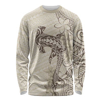 Beige Hawaii Long Sleeve Shirt Hammerhead Shark Tattoo Curve Polynesian - Polynesian Pride
