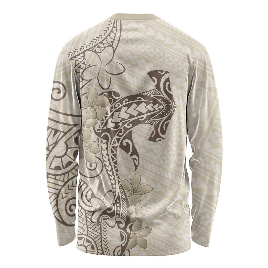 Beige Hawaii Long Sleeve Shirt Hammerhead Shark Tattoo Curve Polynesian - Polynesian Pride