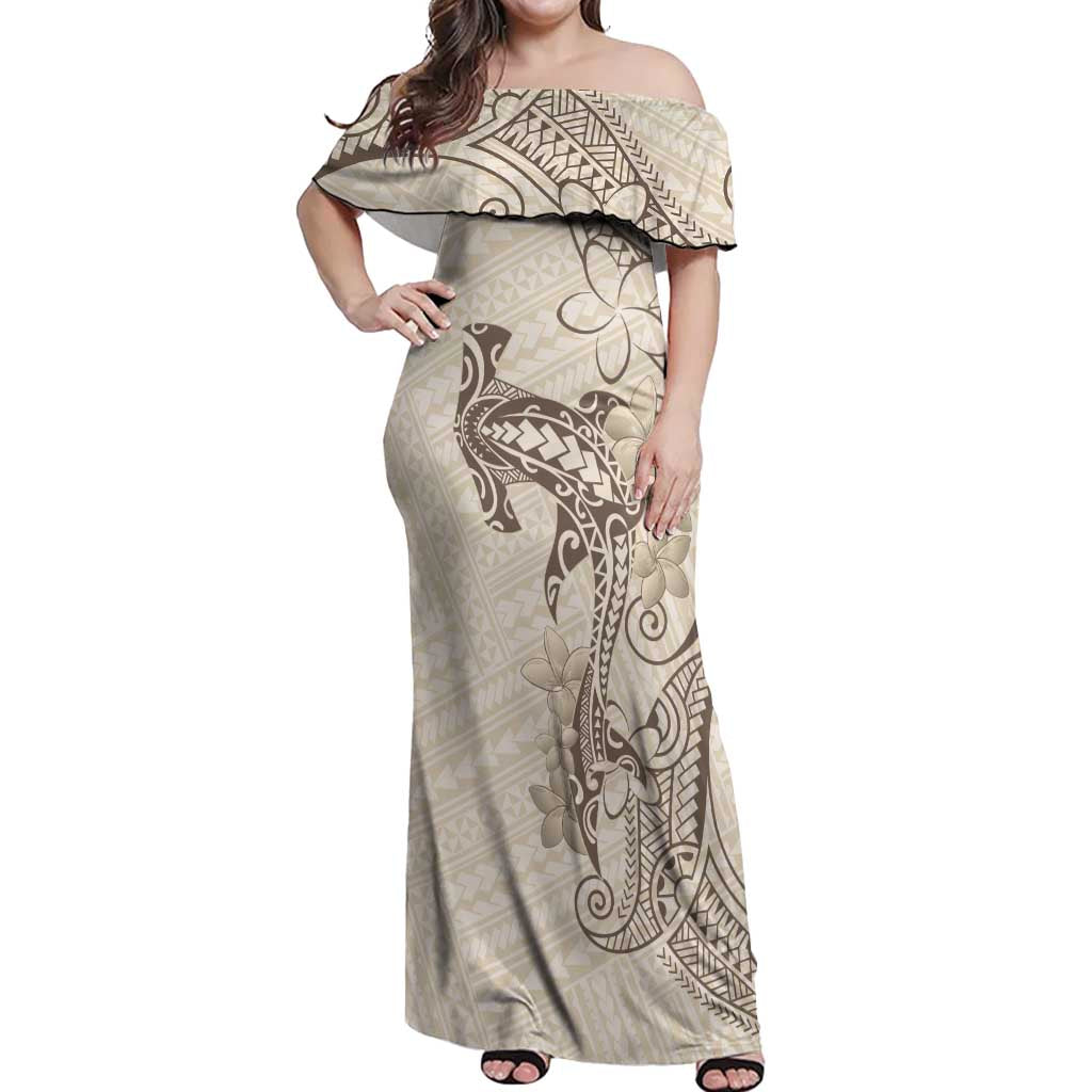 Beige Hawaii Off Shoulder Maxi Dress Hammerhead Shark Tattoo Curve Polynesian - Polynesian Pride