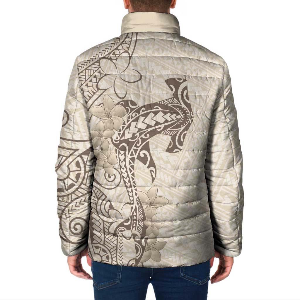 Beige Hawaii Padded Jacket Hammerhead Shark Tattoo Curve Polynesian - Polynesian Pride
