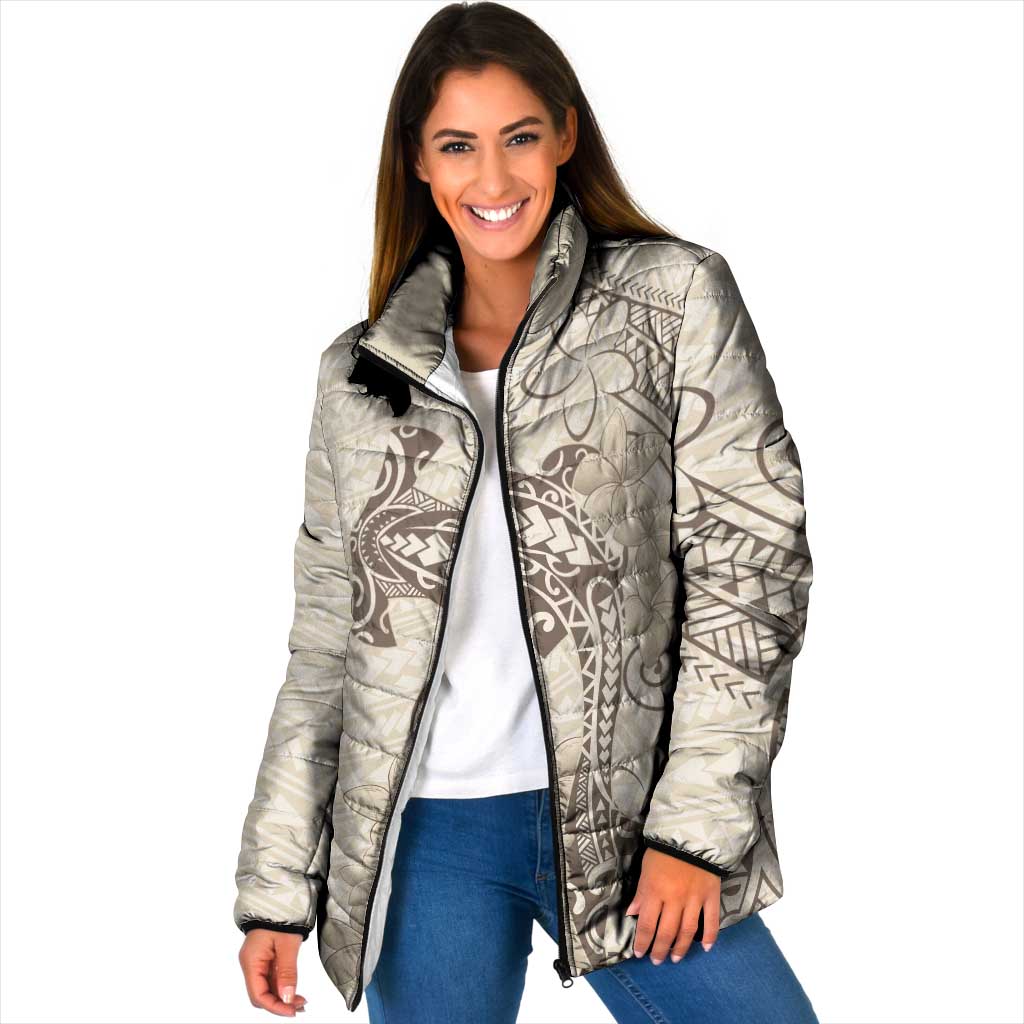 Beige Hawaii Padded Jacket Hammerhead Shark Tattoo Curve Polynesian - Polynesian Pride