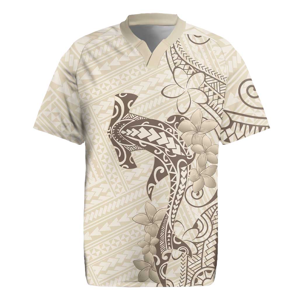 Beige Hawaii Rugby Jersey Hammerhead Shark Tattoo Curve Polynesian - Polynesian Pride