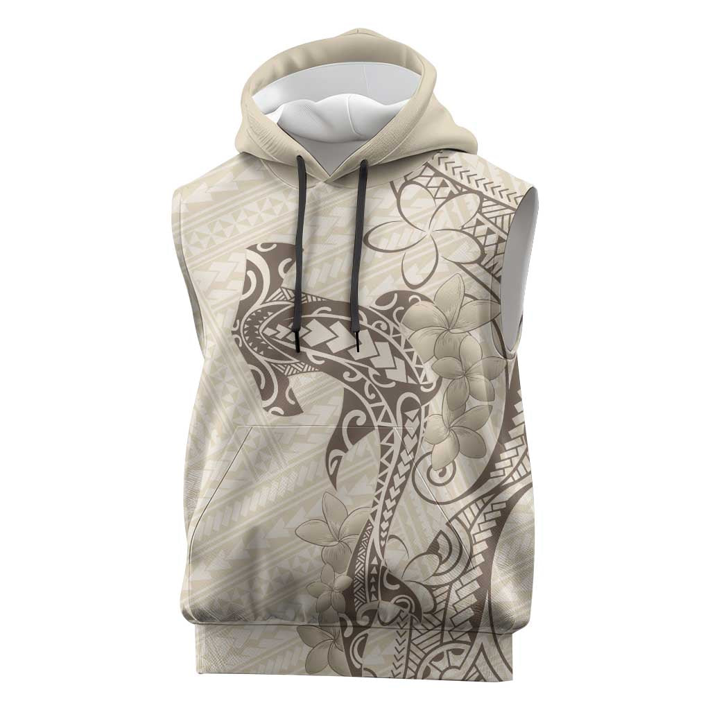 Beige Hawaii Sleeveless Hoodie Hammerhead Shark Tattoo Curve Polynesian - Polynesian Pride
