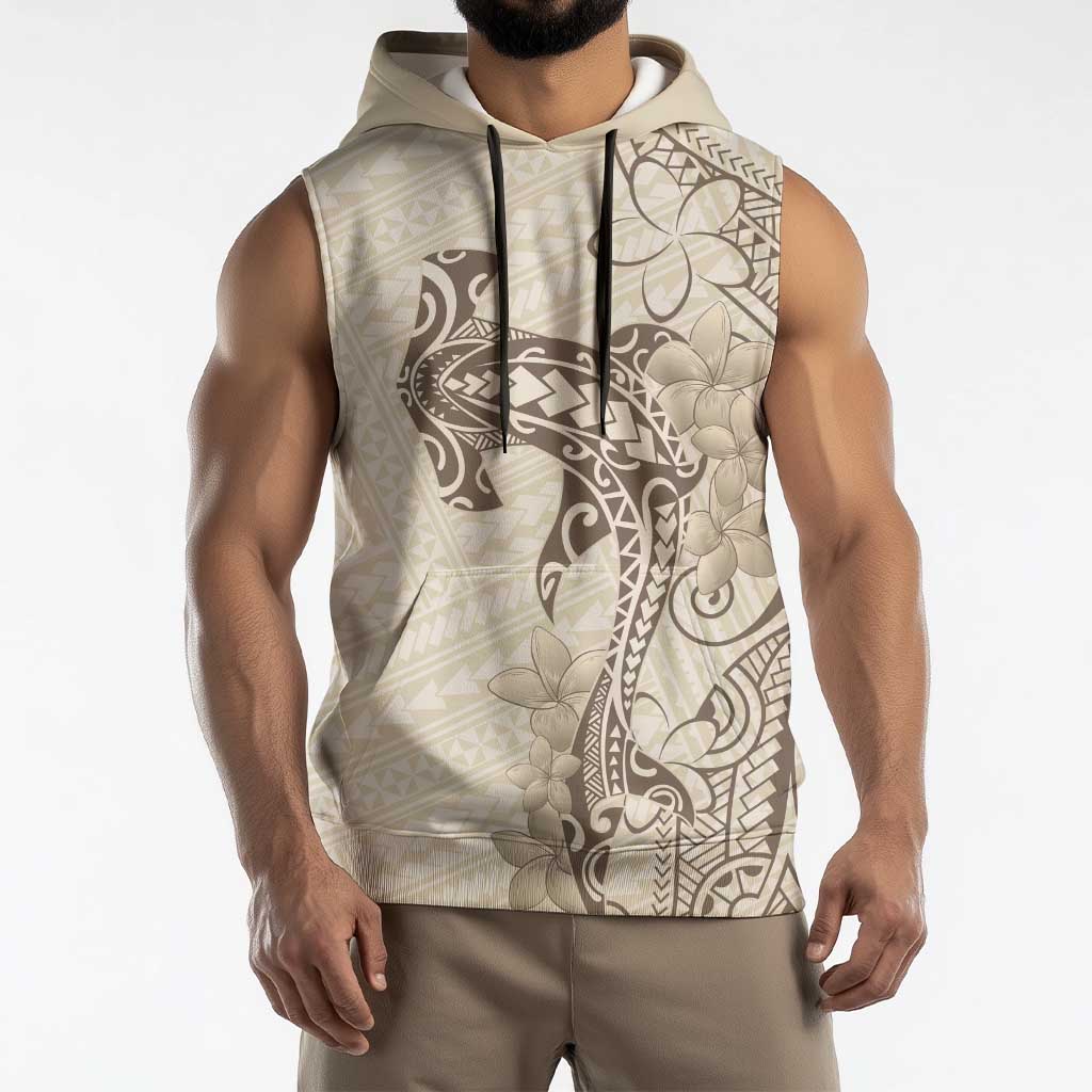 Beige Hawaii Sleeveless Hoodie Hammerhead Shark Tattoo Curve Polynesian - Polynesian Pride