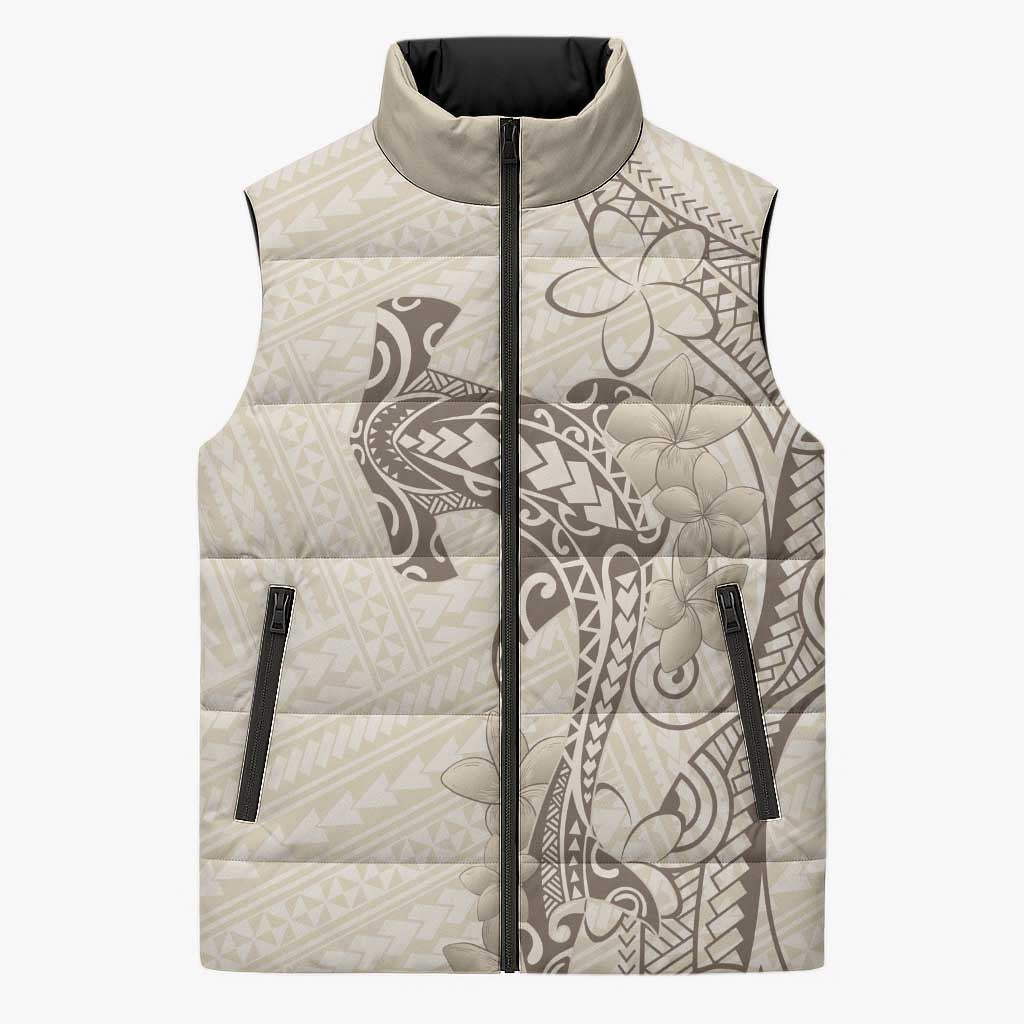 Beige Hawaii Sleeveless Puffer Jacket Hammerhead Shark Tattoo Curve Polynesian - Polynesian Pride