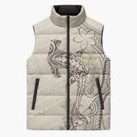 Beige Hawaii Sleeveless Puffer Jacket Hammerhead Shark Tattoo Curve Polynesian - Polynesian Pride