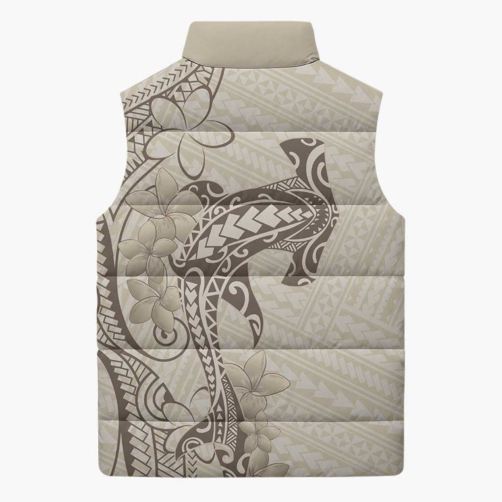 Beige Hawaii Sleeveless Puffer Jacket Hammerhead Shark Tattoo Curve Polynesian - Polynesian Pride