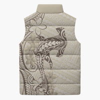 Beige Hawaii Sleeveless Puffer Jacket Hammerhead Shark Tattoo Curve Polynesian - Polynesian Pride