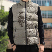 Beige Hawaii Sleeveless Puffer Jacket Hammerhead Shark Tattoo Curve Polynesian - Polynesian Pride