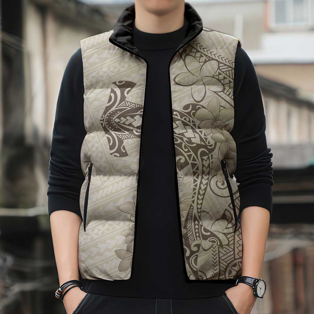 Beige Hawaii Sleeveless Puffer Jacket Hammerhead Shark Tattoo Curve Polynesian - Polynesian Pride