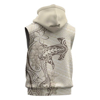 Beige Hawaii Sleeveless Zip Hoodie Hammerhead Shark Tattoo Curve Polynesian - Polynesian Pride