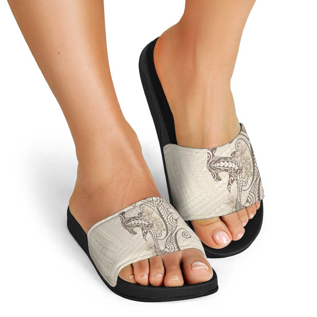 Beige Hawaii Slide Sandals Hammerhead Shark Tattoo Curve Polynesian - Polynesian Pride