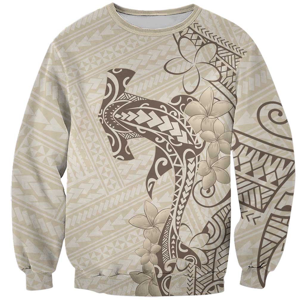 Beige Hawaii Sweatshirt Hammerhead Shark Tattoo Curve Polynesian - Polynesian Pride