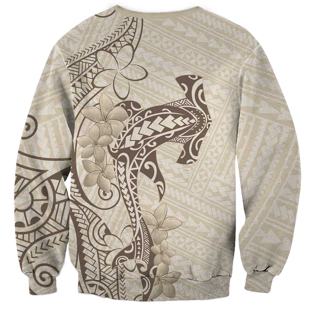 Beige Hawaii Sweatshirt Hammerhead Shark Tattoo Curve Polynesian - Polynesian Pride