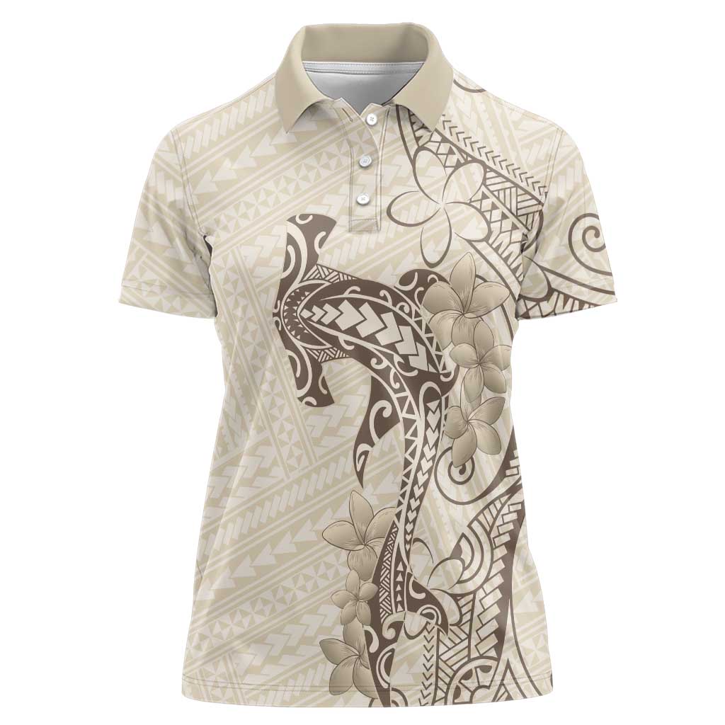Beige Hawaii Women Polo Shirt Hammerhead Shark Tattoo Curve Polynesian - Polynesian Pride