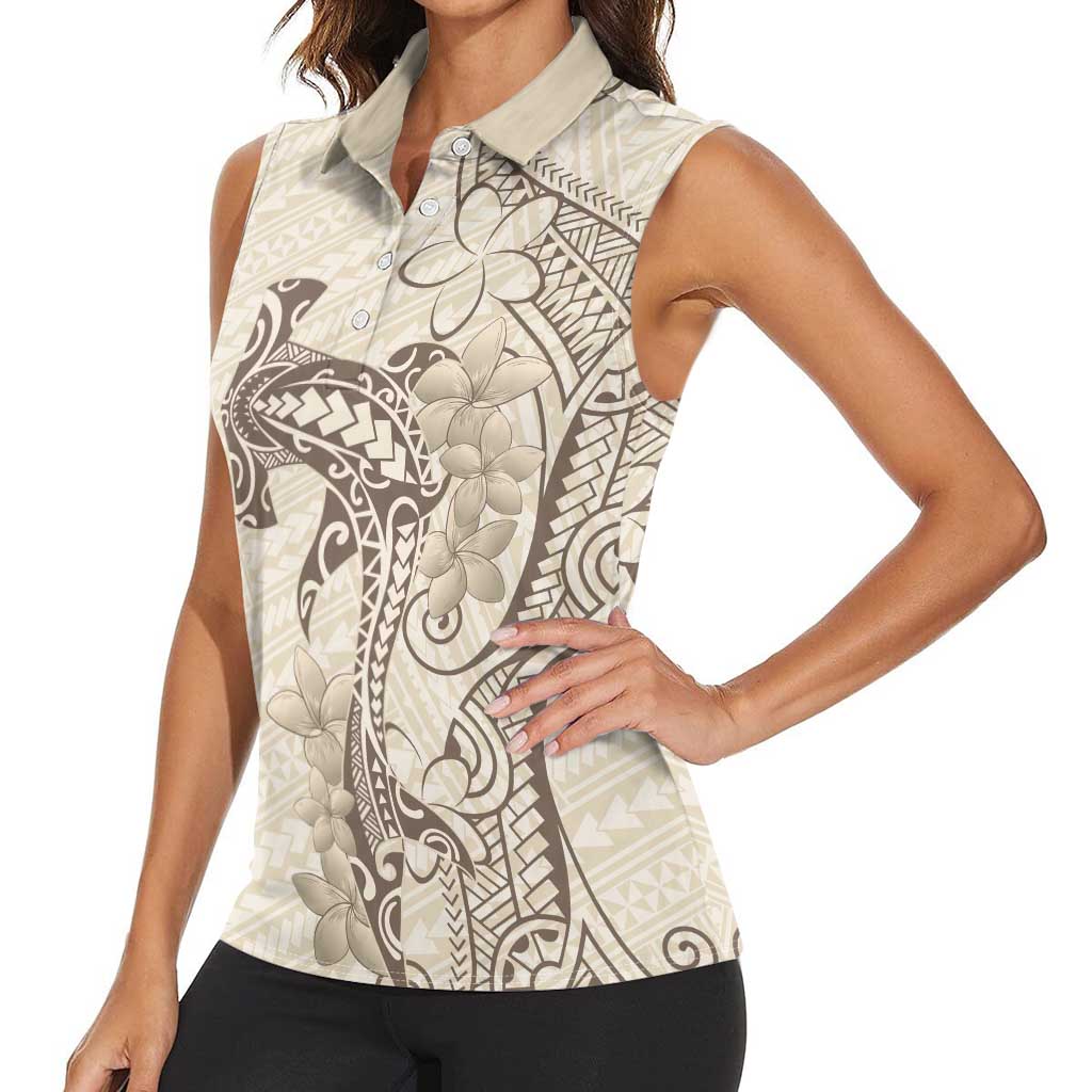 Beige Hawaii Women Sleeveless Polo Shirt Hammerhead Shark Tattoo Curve Polynesian - Polynesian Pride