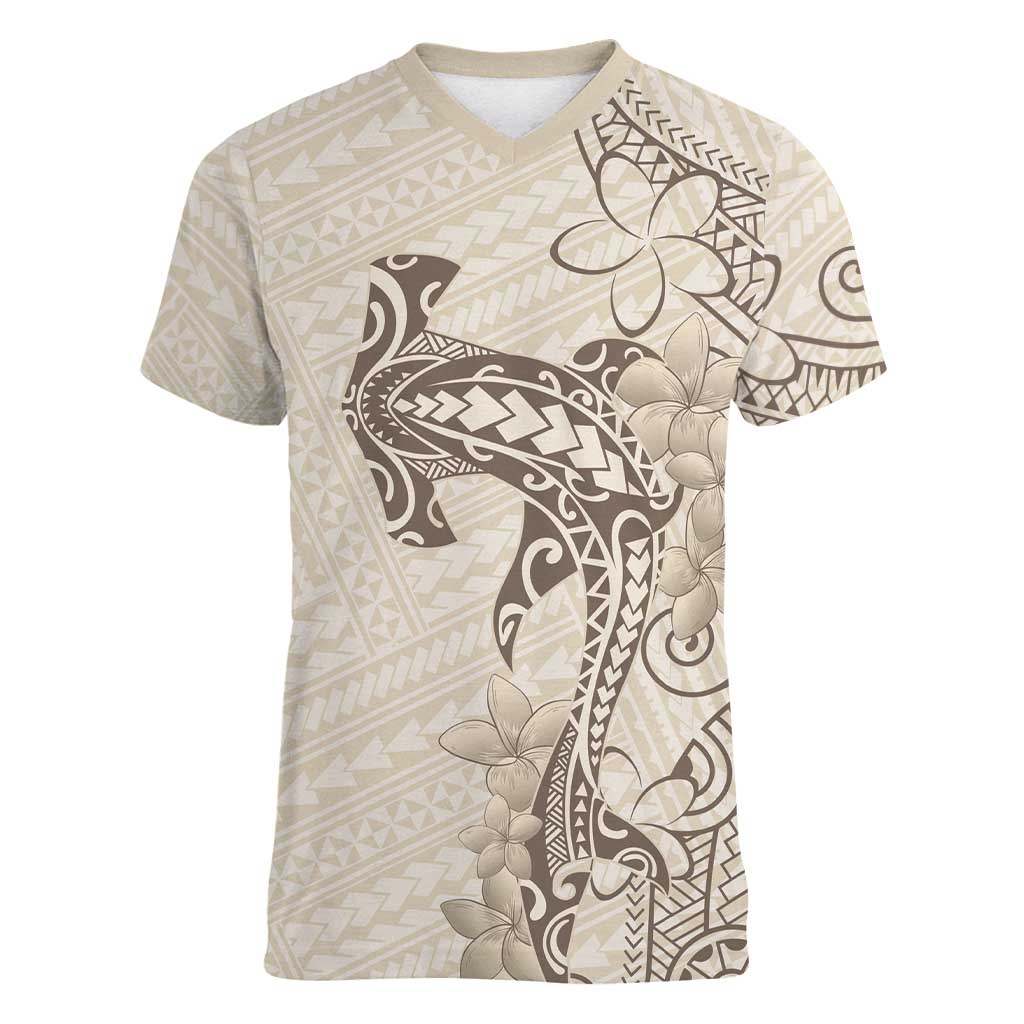 Beige Hawaii Women V-Neck T-Shirt Hammerhead Shark Tattoo Curve Polynesian - Polynesian Pride